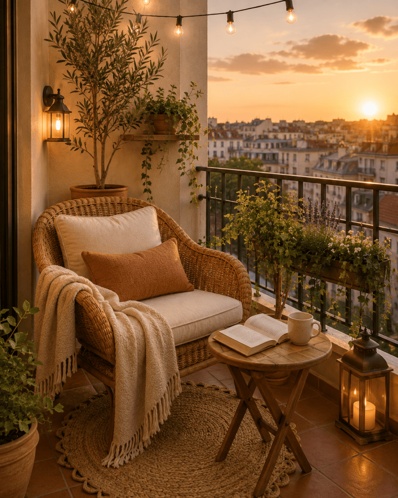 Cozy small balcony reading nook with a woven chair, cream cushions, books, plants, tiny side table, string lights, and warm city sunset views.