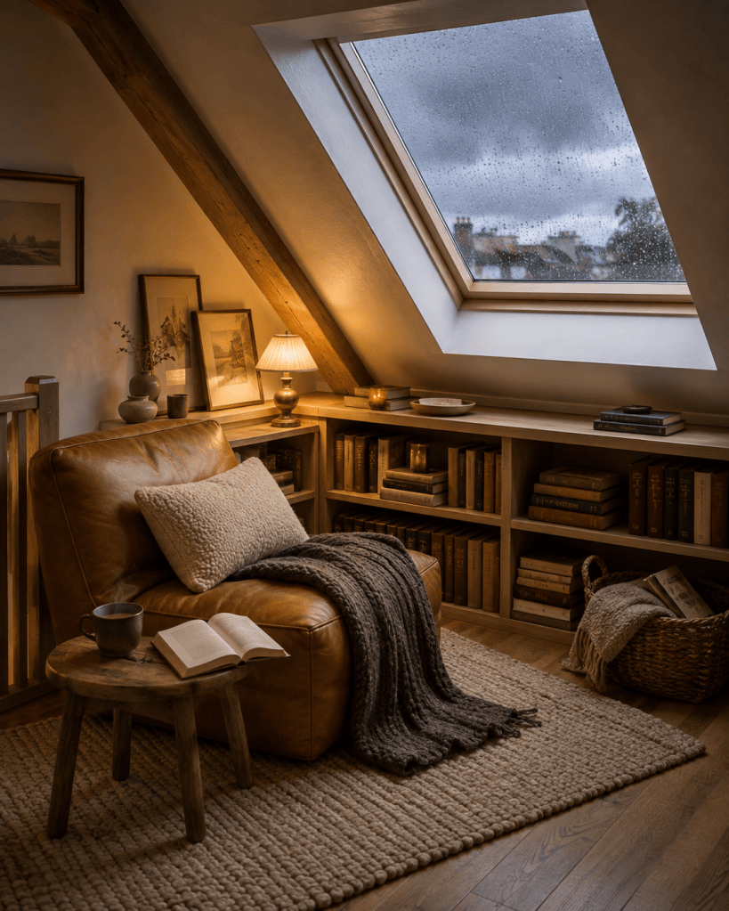 Cozy attic reading nook beneath a sloped ceiling with a skylight, low bookcases, cushioned chair, warm lighting, books, and soft neutral textiles.