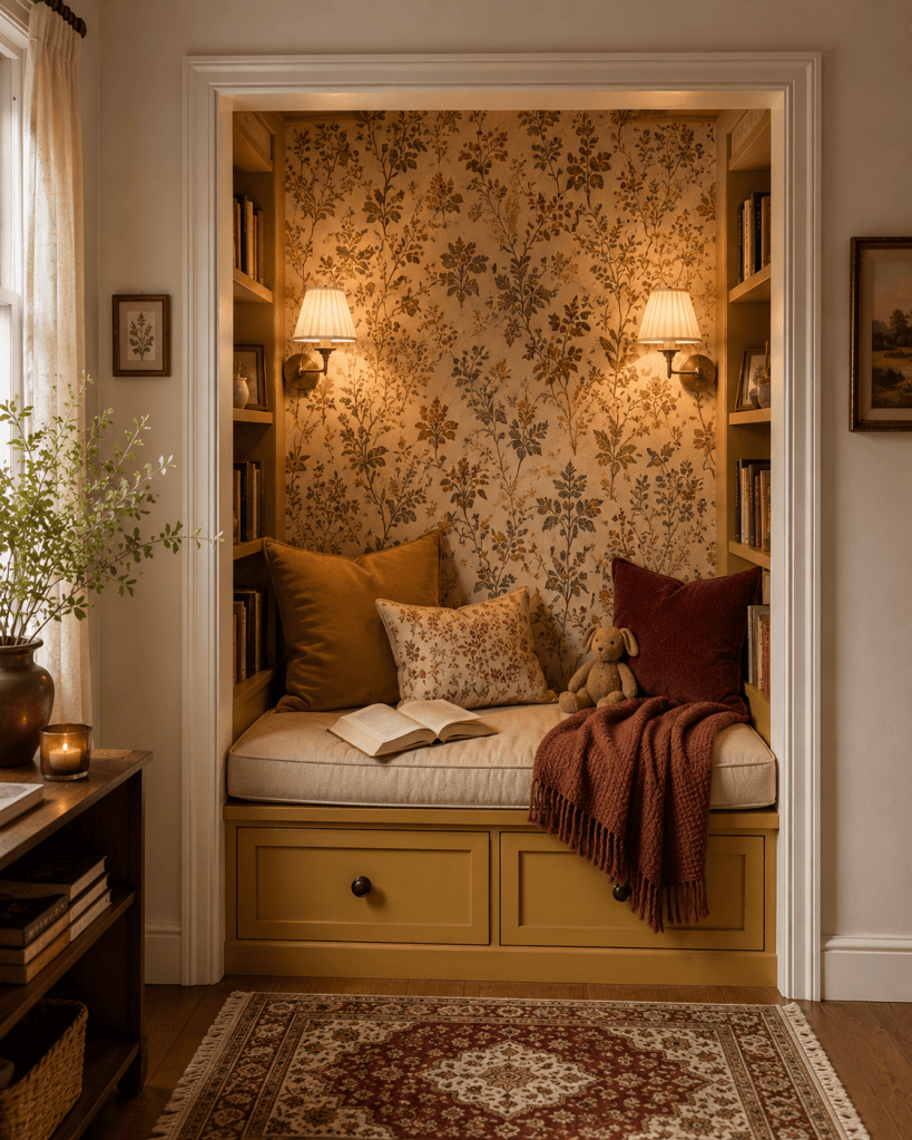 Cozy converted closet reading nook with a built-in mustard bench, patterned wallpaper, bookshelves, storage drawers, pillows, and warm wall lighting.
