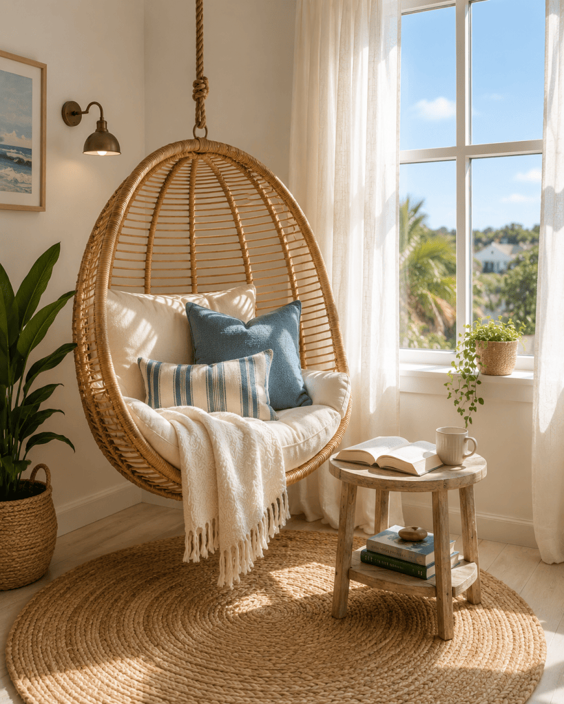 Bright coastal reading nook with a woven hanging chair, blue cushions, books, small side table, jute rug, plants, and sunny window.