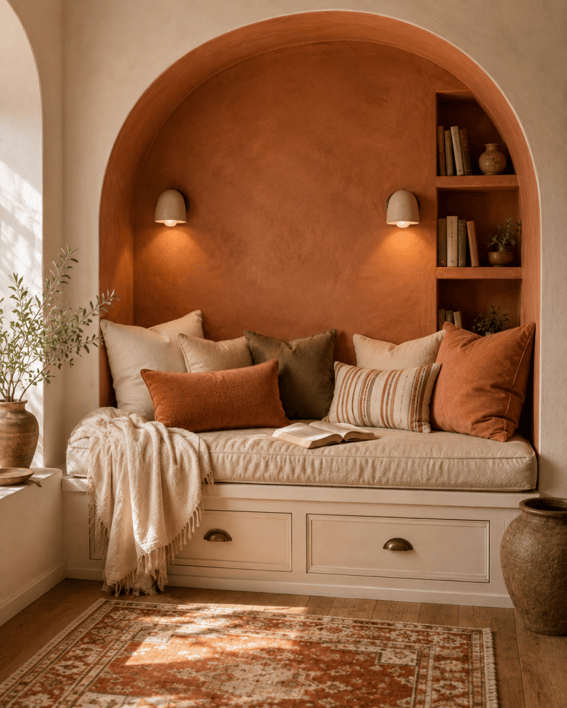 Cozy terracotta reading alcove with a built-in daybed, cream cushions, storage drawers, wall lights, books, and warm Mediterranean-inspired decor.