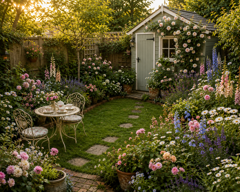Charming small cottage garden with colorful flower borders, a tiny lawn, vintage bistro table, climbing roses and a quaint garden shed.