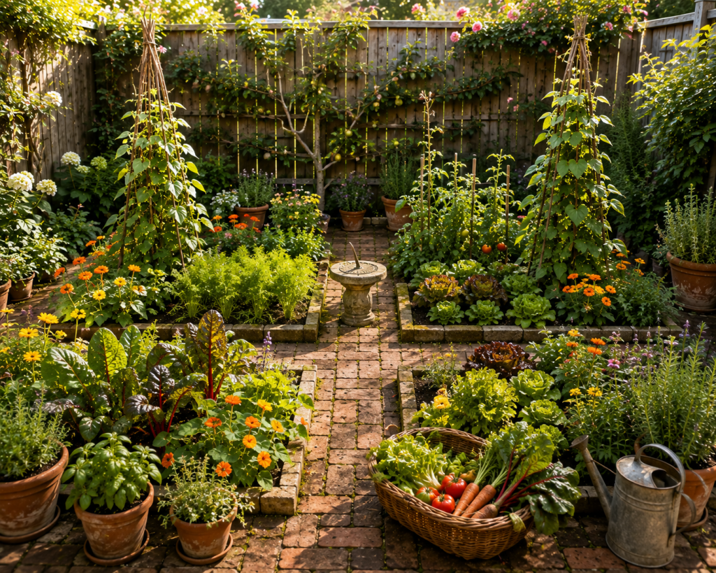 Small potager garden with vegetables, herbs and colorful flowers arranged around brick pathways with climbing bean trellises and terracotta pots.