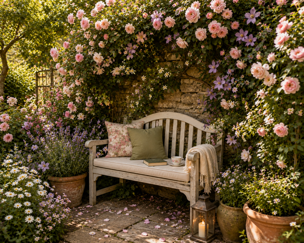 Romantic garden bench beneath cascading pink climbing roses and clematis, surrounded by lavender, white flowers and lush greenery.