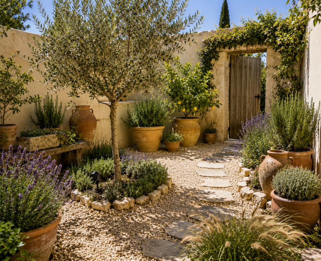 Sunny Mediterranean-inspired small garden with pale gravel, olive trees, lavender, rosemary, terracotta pots and warm stucco walls.