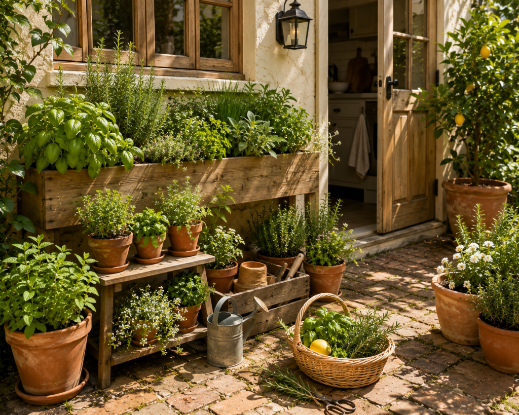 Small kitchen herb garden beside a house with basil, rosemary, thyme, parsley and mint growing in terracotta pots and wooden planters.