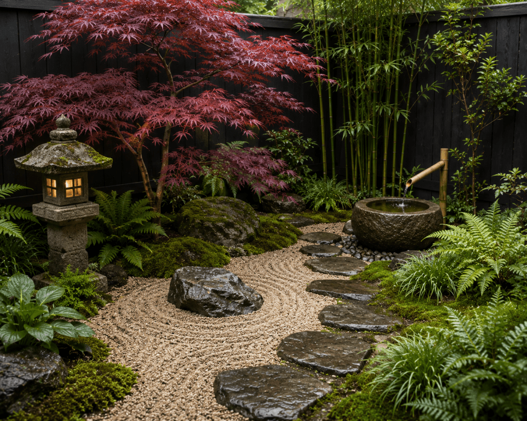 Peaceful small Japanese-inspired garden with a Japanese maple, mossy stones, raked gravel, ferns, bamboo and a traditional stone lantern.