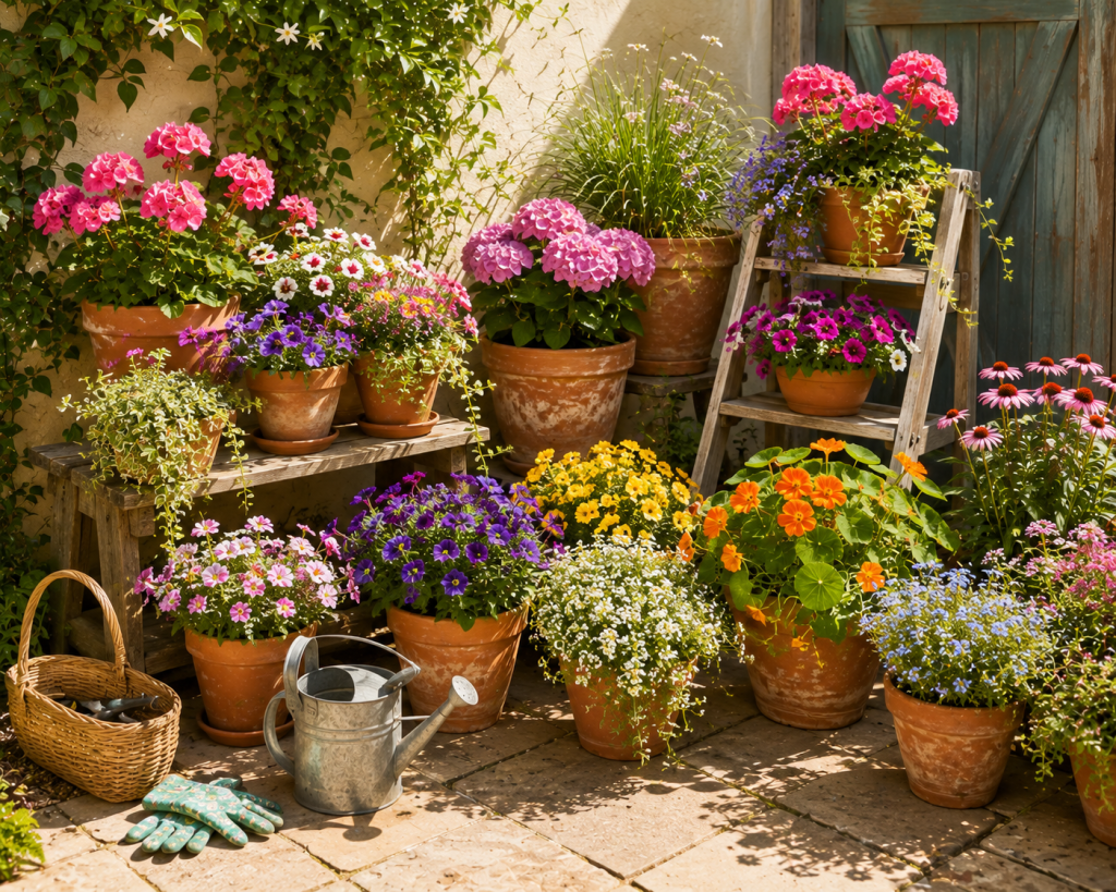 Colorful small container garden filled with terracotta pots of pink, purple, orange, yellow and white flowers on a sunny patio.