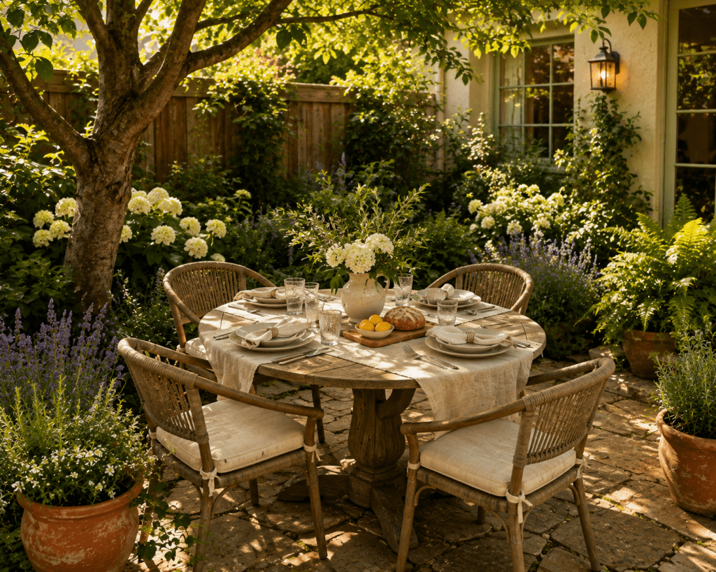 Cozy small backyard dining area with a round wooden table, four chairs, linen place settings, flowers and lush garden greenery.
