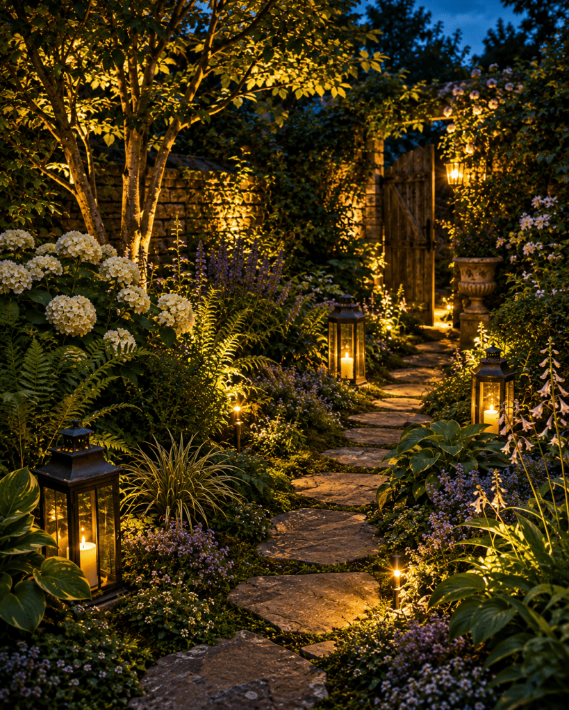 Magical small backyard garden at twilight with a winding stone pathway, glowing lanterns, illuminated trees, flowers and lush layered greenery.