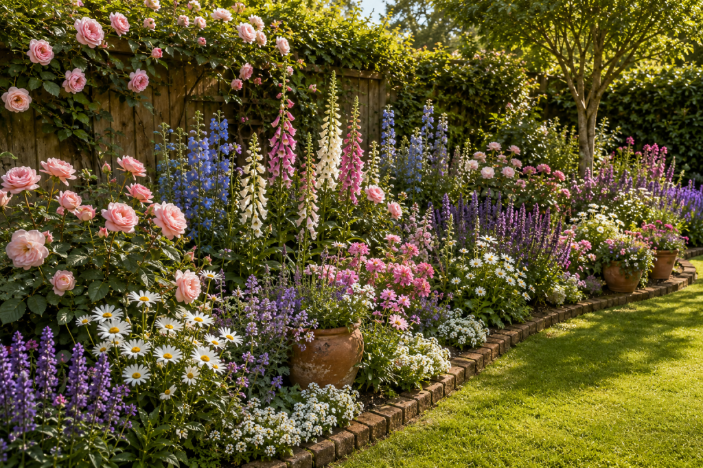 Romantic cottage flower bed filled with pink roses, lavender, white daisies, foxgloves and lush greenery beside a small lawn.