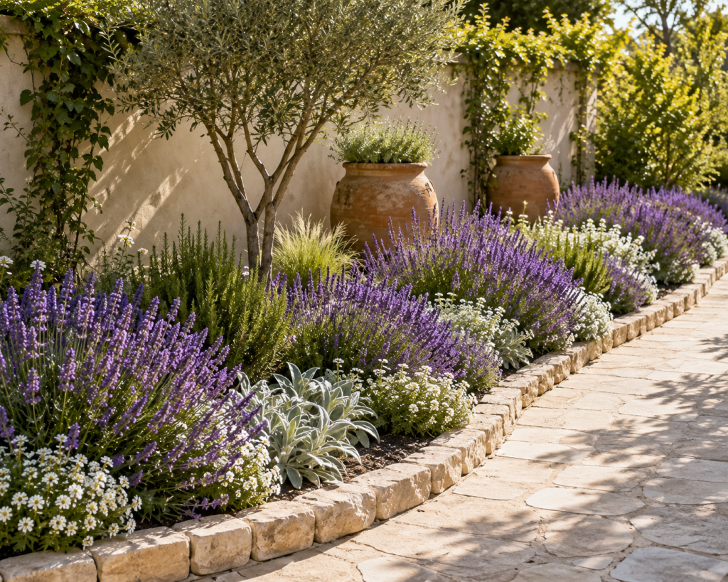 Elegant curved flower bed filled with blooming purple lavender, white flowers and silvery foliage beside a natural stone garden path.