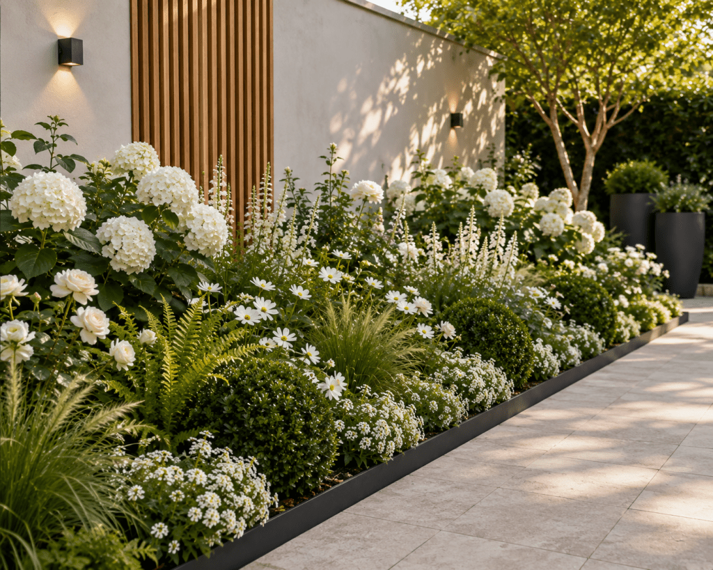 Elegant modern flower bed with white hydrangeas, roses, ornamental grasses and layered green foliage beside a contemporary garden patio.