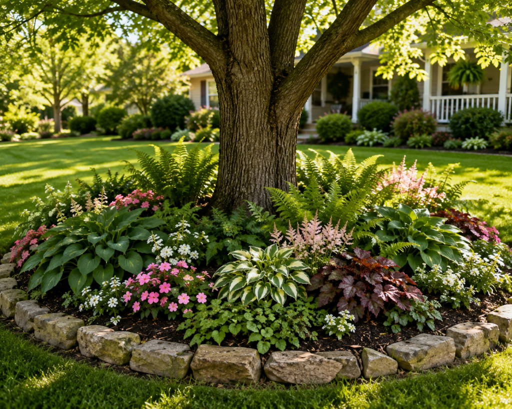 Beautiful circular flower bed around a mature tree with pink impatiens, white flowers, hostas and lush green foliage.