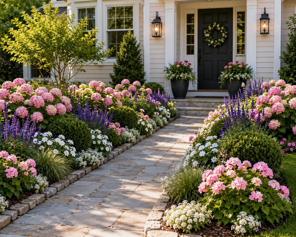 Colorful front yard flower bed with pink hydrangeas, purple salvia, white flowers and neat greenery lining a stone walkway to the house.
