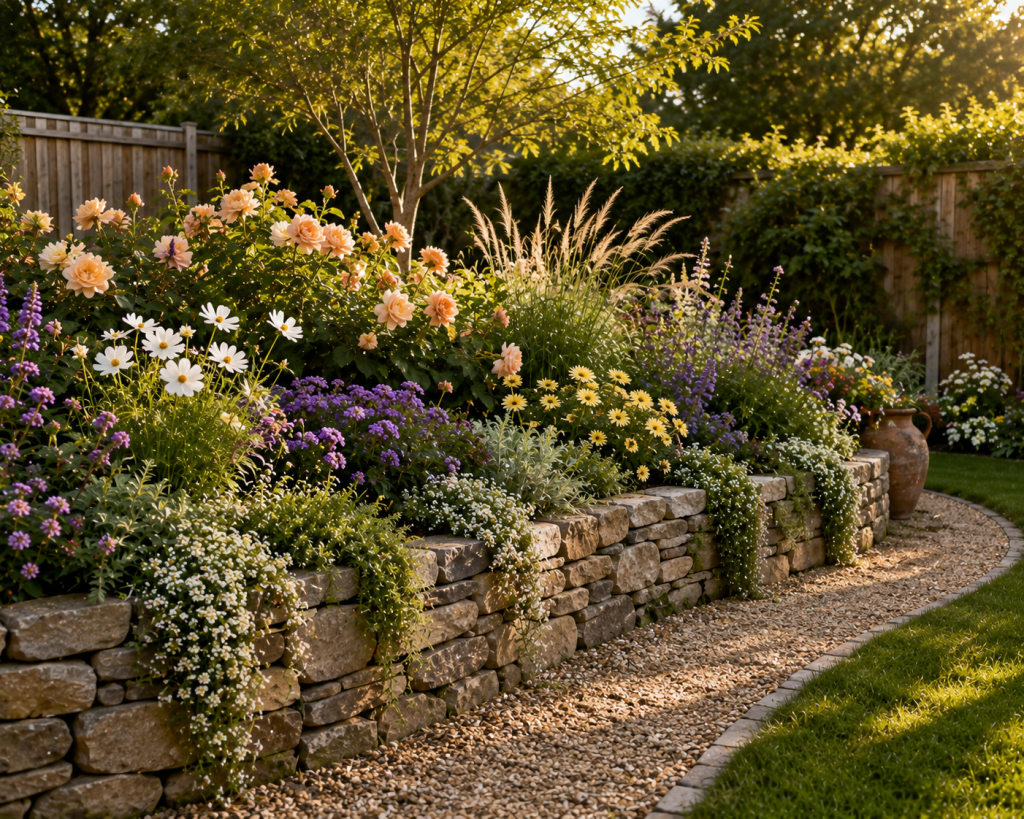 Raised natural stone flower bed filled with peach roses, purple flowers, white blooms and trailing greenery in a sunny backyard garden.
