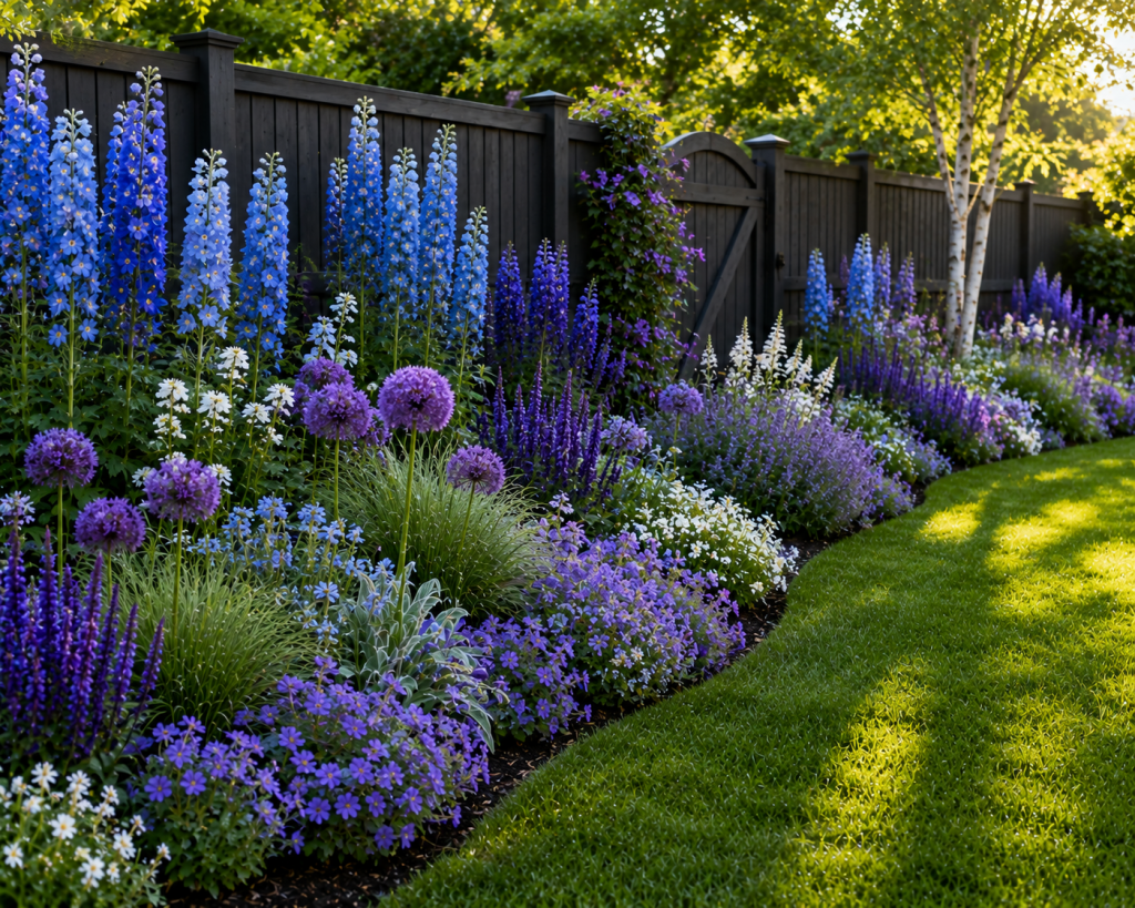Blue and purple flower bed along a garden fence with delphiniums, salvia, catmint, alliums and white flowers.