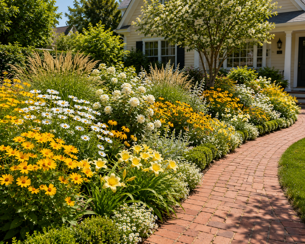 Sunny yellow and white flower bed with coreopsis, Shasta daisies, white roses and ornamental grasses beside a curved brick pathway.