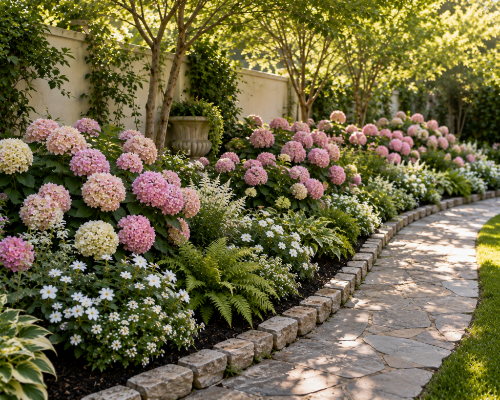 Dreamy flower bed filled with blush pink hydrangeas, white flowers, ferns and lush greenery beside a curved garden path.