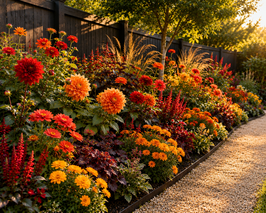 Vibrant red and orange flower bed filled with dahlias, zinnias, marigolds and ornamental grasses in a sunny garden.