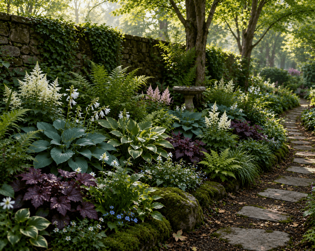 Lush shade flower bed beneath mature trees with hostas, ferns, astilbe, white flowers and layered green foliage.