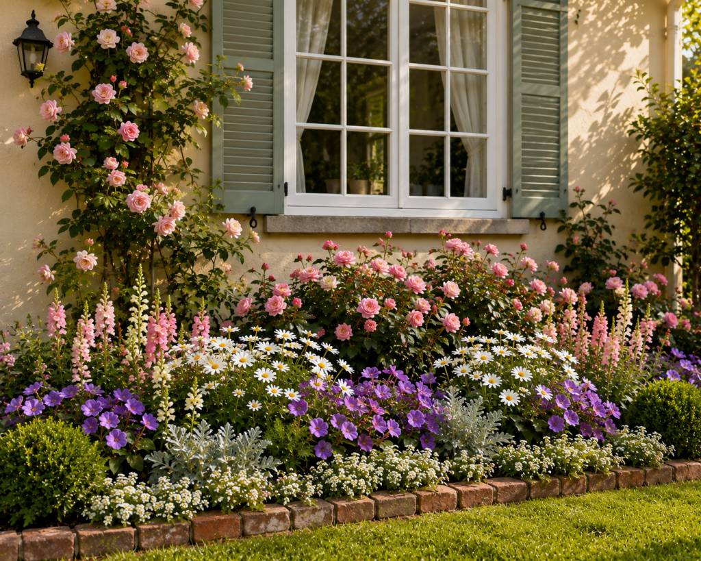 Charming flower bed beneath a cottage window with pink roses, white daisies, purple flowers and lush green foliage.