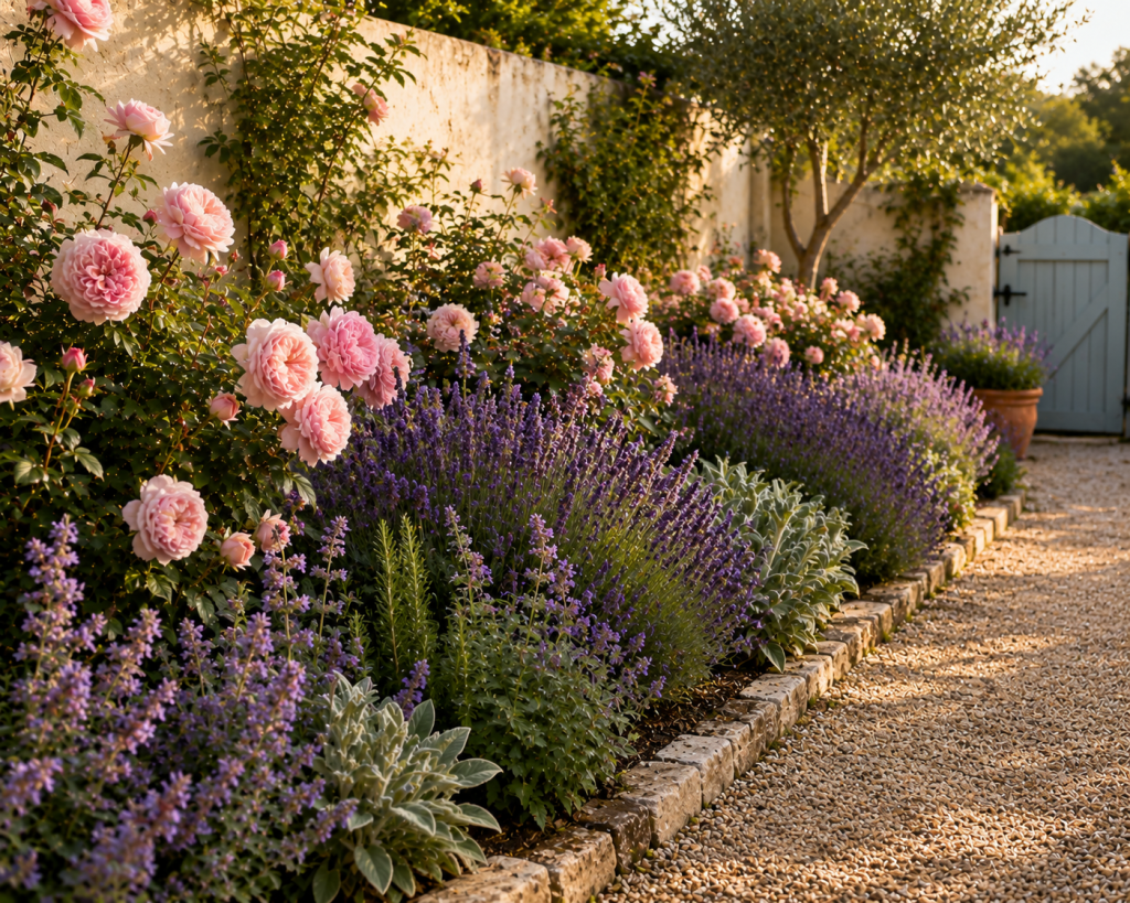 Romantic rose and lavender flower bed with blush pink roses, purple lavender and silvery foliage beside a gravel garden path.