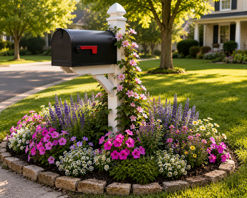 Charming front yard mailbox flower bed filled with pink petunias, white flowers, purple salvia and fresh green foliage.