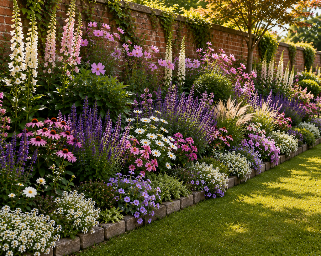 Beautiful layered flower bed with tall foxgloves, pink cosmos, purple salvia, white flowers and cascading greenery arranged by height.