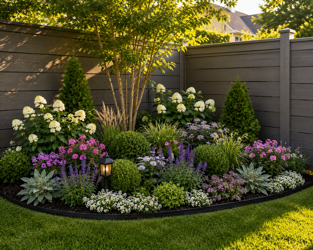 Modern corner flower bed with an ornamental tree, white flowers, purple blooms, grasses and structured evergreen shrubs.