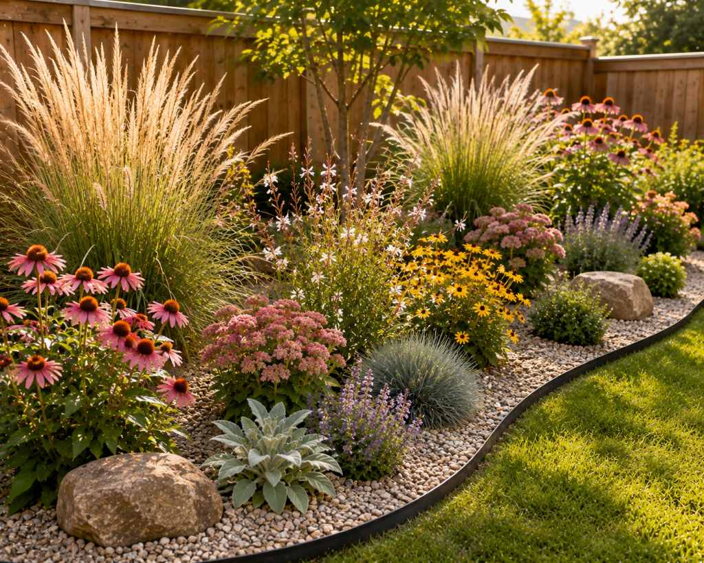 Low-maintenance flower bed with ornamental grasses, pink coneflowers, yellow coreopsis, sedum and decorative gravel in a sunny garden.