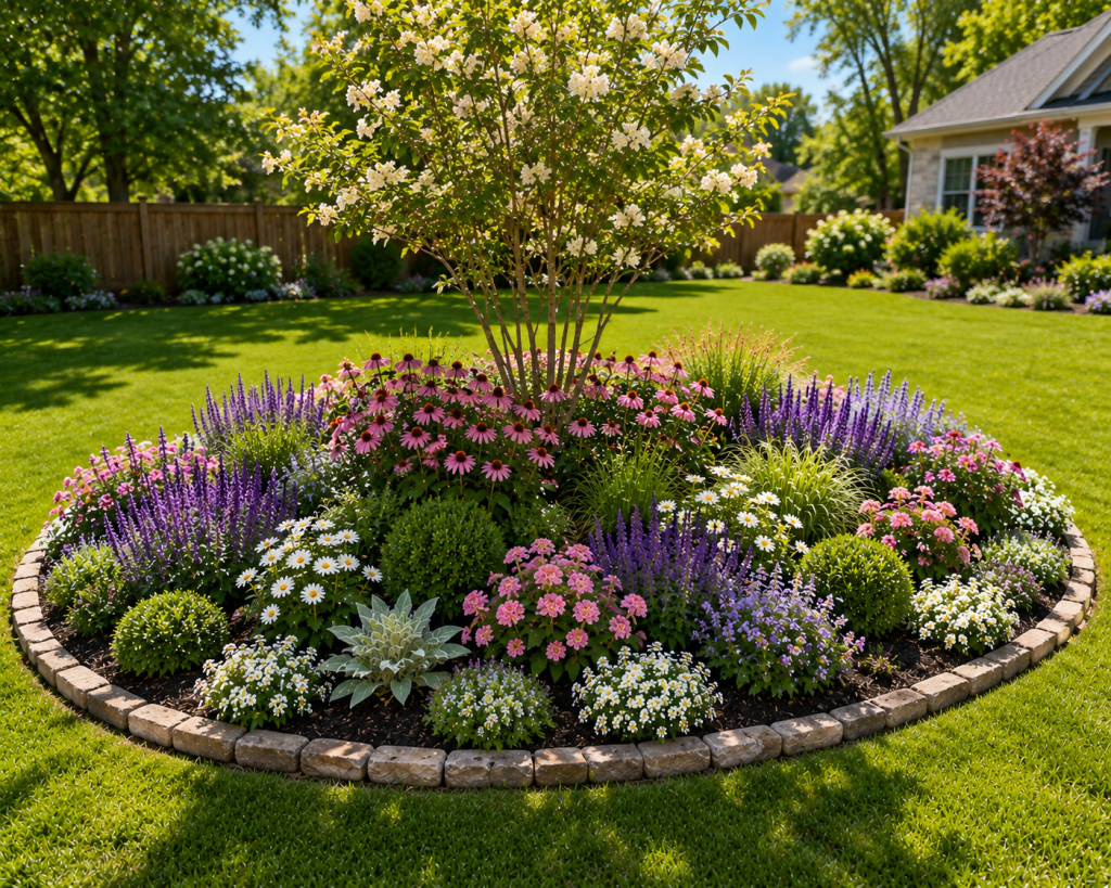 Beautiful oval island flower bed in a green lawn filled with pink, purple and white flowers surrounding a small ornamental tree.