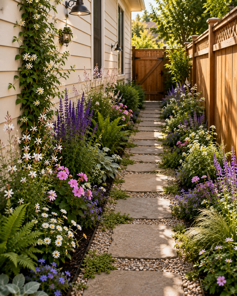Narrow side yard transformed with a colorful flower bed, stepping-stone path, purple flowers, white blooms and lush greenery.