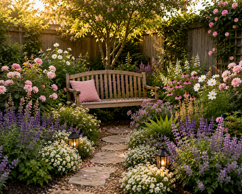 Cozy wooden garden bench surrounded by pink, purple and white flowers in a beautifully curved backyard flower bed.