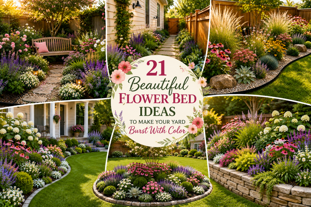 Colorful flower bed ideas featuring roses, hydrangeas, lavender, ornamental grasses and beautiful backyard garden designs.
