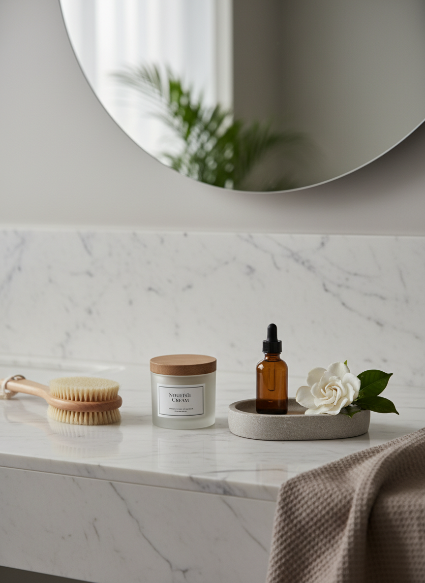 A refined bathroom vanity scene with a pale marble countertop, a round frameless mirror reflecting a hint of greenery, and a curated arrangement of beauty and self-care objects. A frosted glass jar of cream, a natural bristle body brush, and a small stone tray holding an amber glass bottle and a single white gardenia bloom sit neatly arranged. A folded waffle-weave hand towel in soft taupe adds texture. Soft, diffused natural light from an unseen side window creates a tranquil glow and delicate reflections on the marble. Photographic realism with a minimal, spa-like composition, shot at eye level with a shallow depth of field, conveying a soothing, sophisticated self-care ritual.