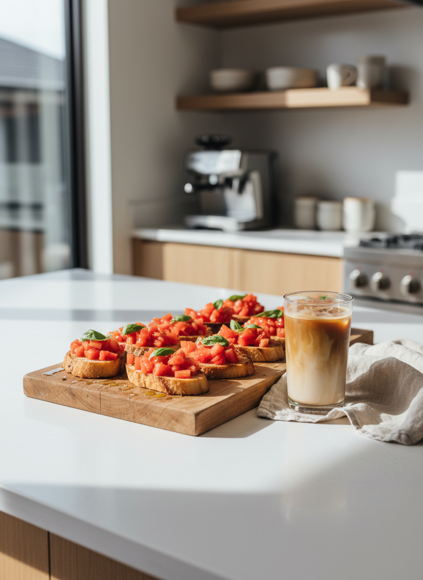A polished white quartz kitchen island styled for easy entertaining, featuring a wooden board with neatly arranged bruschetta topped with ripe tomatoes, basil, and a drizzle of olive oil. Beside it sits a tall, clear glass filled with iced coffee swirled with cream, condensation beading on the surface, and a linen napkin loosely folded nearby. In the softly blurred background, a built-in espresso machine and open shelving with neutral ceramics suggest a well-appointed space. Bright, diffused midday light from a nearby window creates crisp yet gentle shadows. Shot from a slightly overhead angle in photographic realism, the mood is inviting, fresh, and subtly luxurious.