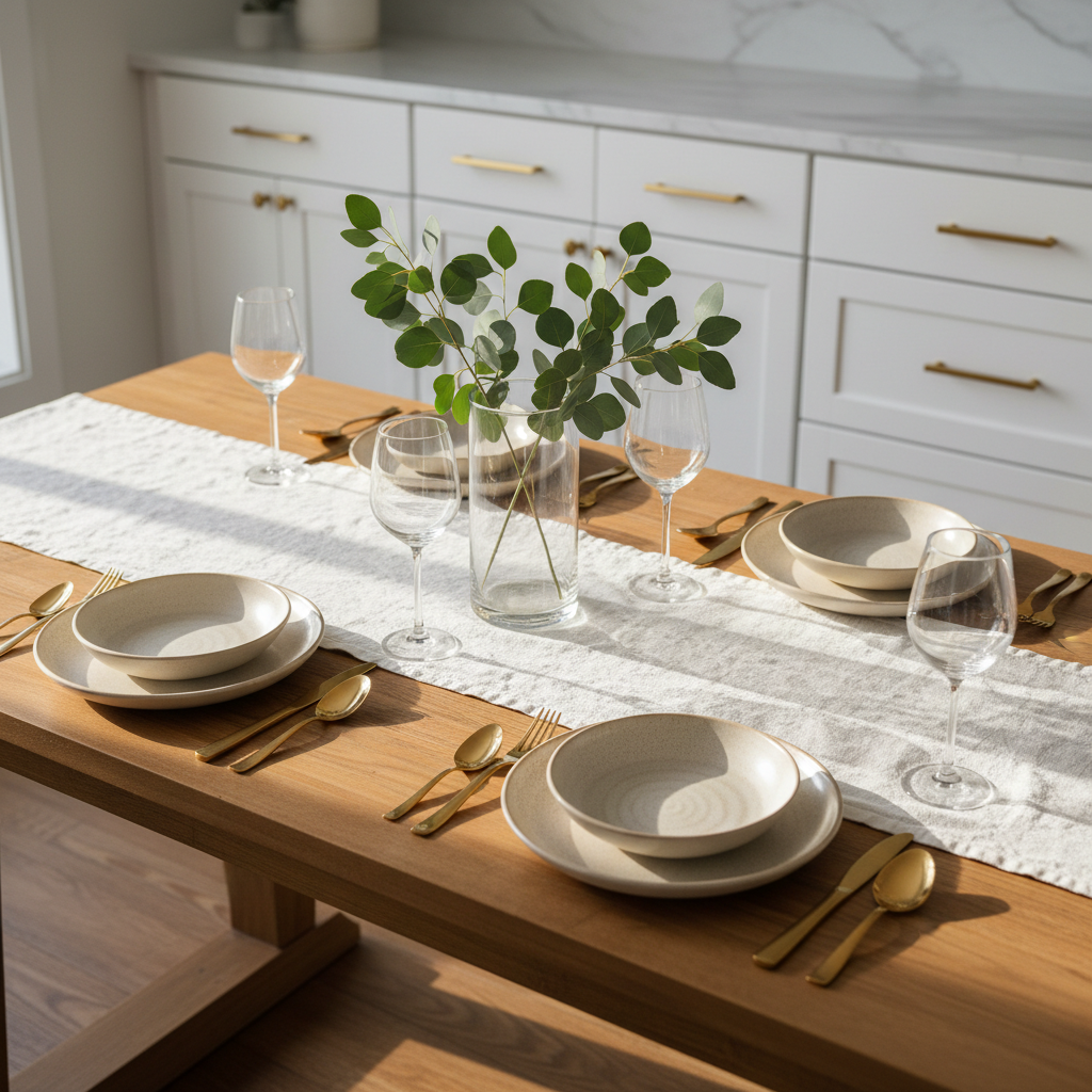 An elegantly set farmhouse-style dining table in a bright, airy kitchen, its matte natural wood surface partially covered by a crisp white linen runner. On top, layered ceramic plates in soft neutrals, polished gold-toned cutlery, and clear stemless glasses surround a simple centerpiece of eucalyptus branches in a tall glass cylinder vase. In the background, white shaker cabinets and a marble backsplash are softly blurred. Golden hour sunlight streams through an unseen window, casting warm, elongated shadows. Captured from a slightly elevated angle in photographic realism, the composition follows the rule of thirds, evoking a sophisticated yet approachable home entertaining mood.